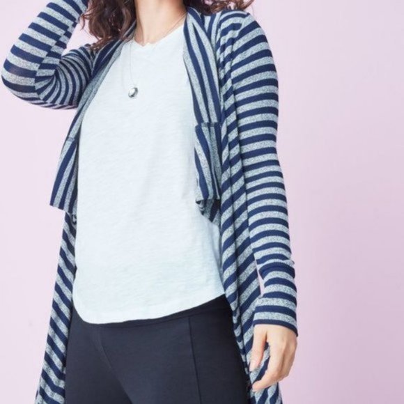 Stella & Dot Always Navy Blue Striped Gray Knit Long Cardigan Pockets Sz S - Picture 3 of 12